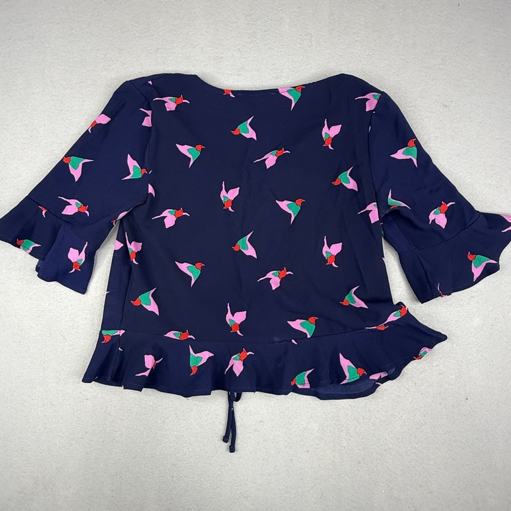 Elodie Bird Print Peplum Blouse Womens XS Navy Ruched Ruffle Cottagecore - Picture 3 of 7